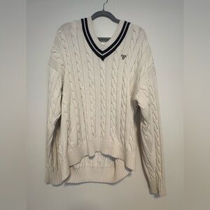 TNA Cream Cable Knit Sweater with Navy and White Stripe Trim